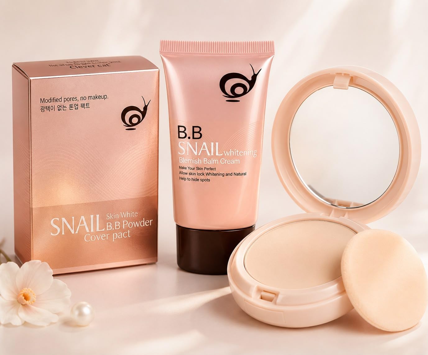 Snail BB Cream and Powder Cover Pact Combo | Whitening Blemish Balm, Pore Coverage, Spot Concealing, With Mirror & Puff, Natural Finish-picture-33
