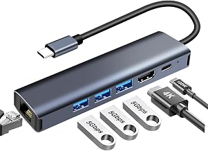 USB C Gigabit Ethernet Hub, HDMI 4K, PD 100W, 3 USB 3.0 5Gbps Adapter RJ45 6 in 1 Docking Station Compatible for iPhone 16 15, MacBook Pro/Air, iMac, Samsung Galaxy