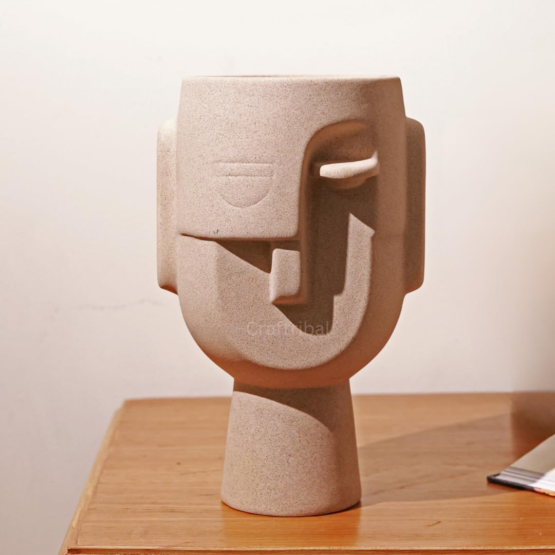Abstract Human Face Big Ceramic Vase Combo – Aesthetic Vase for Pampas Grass & Dried Flowers | Minimalist Home & Office Decor | Matte (Rough) Finish, 10 Inches (Beige)-image-11