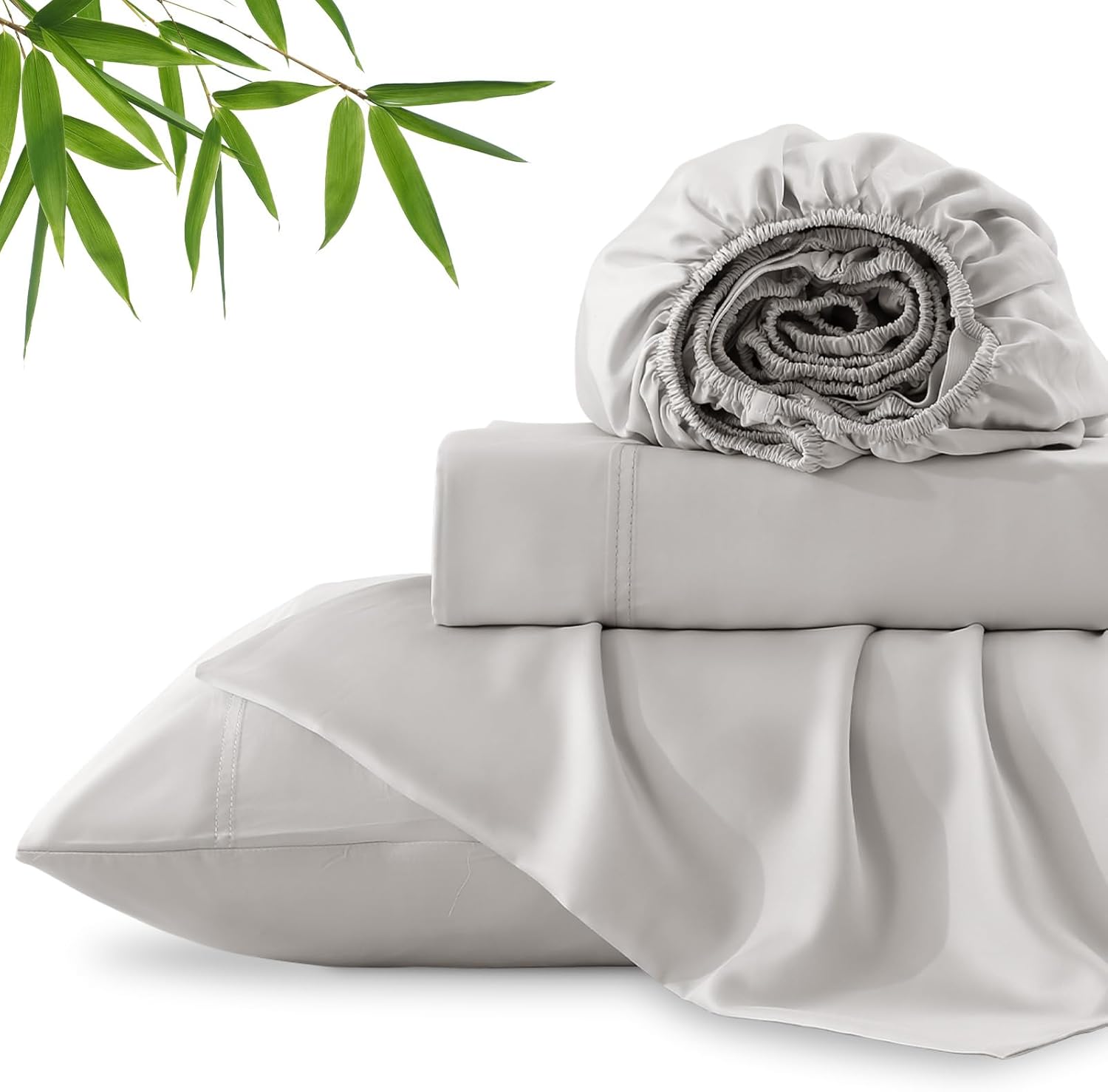 100% Organic Viscose Derived from Bamboo, 4-Piece King Bed Sheet Set, Ultra Soft & Luxuriously Cooling Sheets, Deep Pocket Fits 16" Mattress, Perfect for Hot Sleepers, Light Gray - Image 8