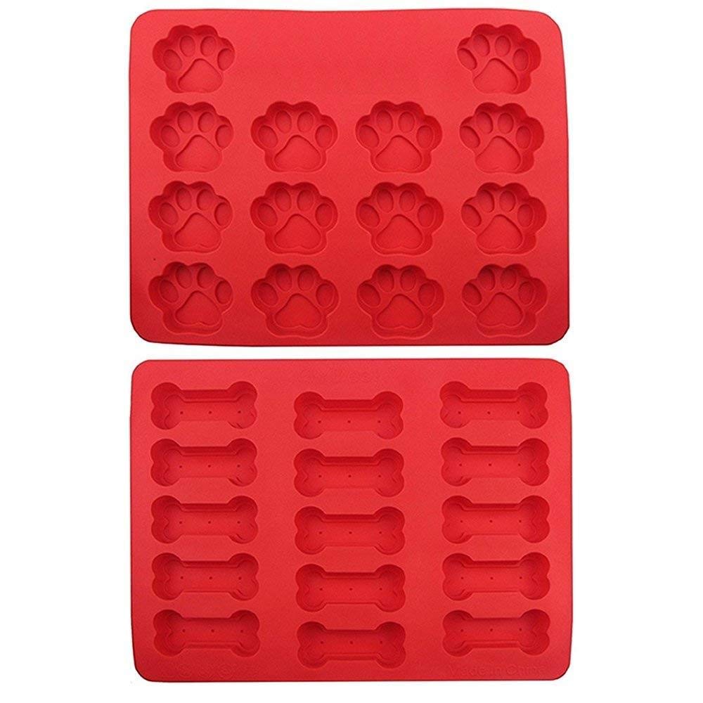 2-Pack Silicone Dog Tray Mold (one tray with bones, one tray with paws) Treats For Pets - Red