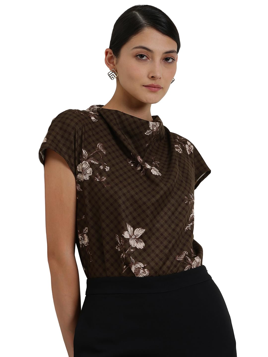 fablestreet Women Workwear Top | Cowl Neck, Short Sleeves, Geometric Print | Smooth Stretchable Fabric, Pullover Style, Opaque Finish | Perfect for Business Casuals-picture-13