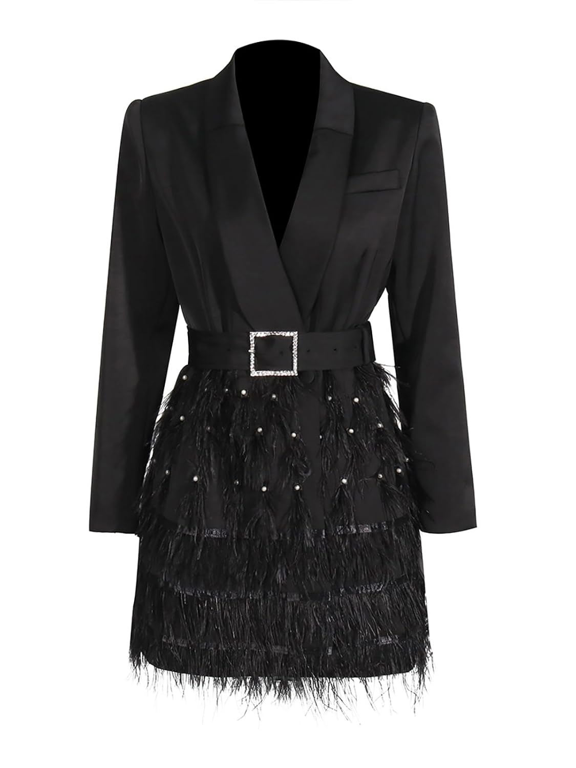 Womens Elegant Feather Tassel Blazer Mini Dress Pearl Beading with Belt Party Wedding Prom Suit Fashion