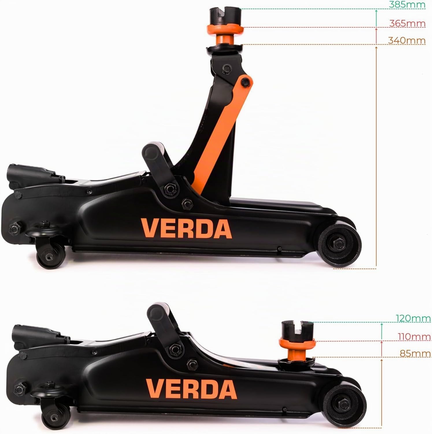 Verda Gato hidráulico 2,5T 85-365 mm, 3 almohadillas de goma, maletín, guantes de montaje, gato hidráulico, cambio de neumáticos, coches, todoterrenos, autocaravanas, etc