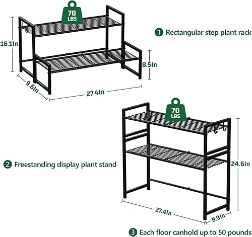 Miniatura 3 de Garden 4 you Soporte de metal de 2 niveles para plantas al aire libre e interior, impermeable, apilable, resistente, estante alto para plantas,