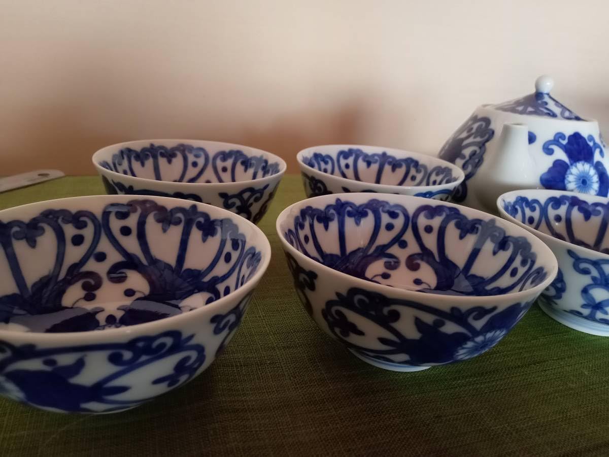 深川製磁 染付菊唐草 6号和皿揃