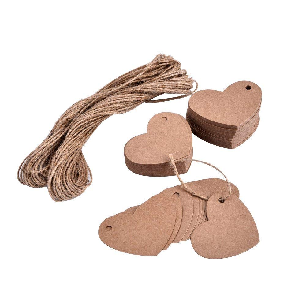 DILISEN 100 Pieces Heart Shape Kraft Paper Tags Gifts Tags Wedding Paper Tags with Twine, Brown