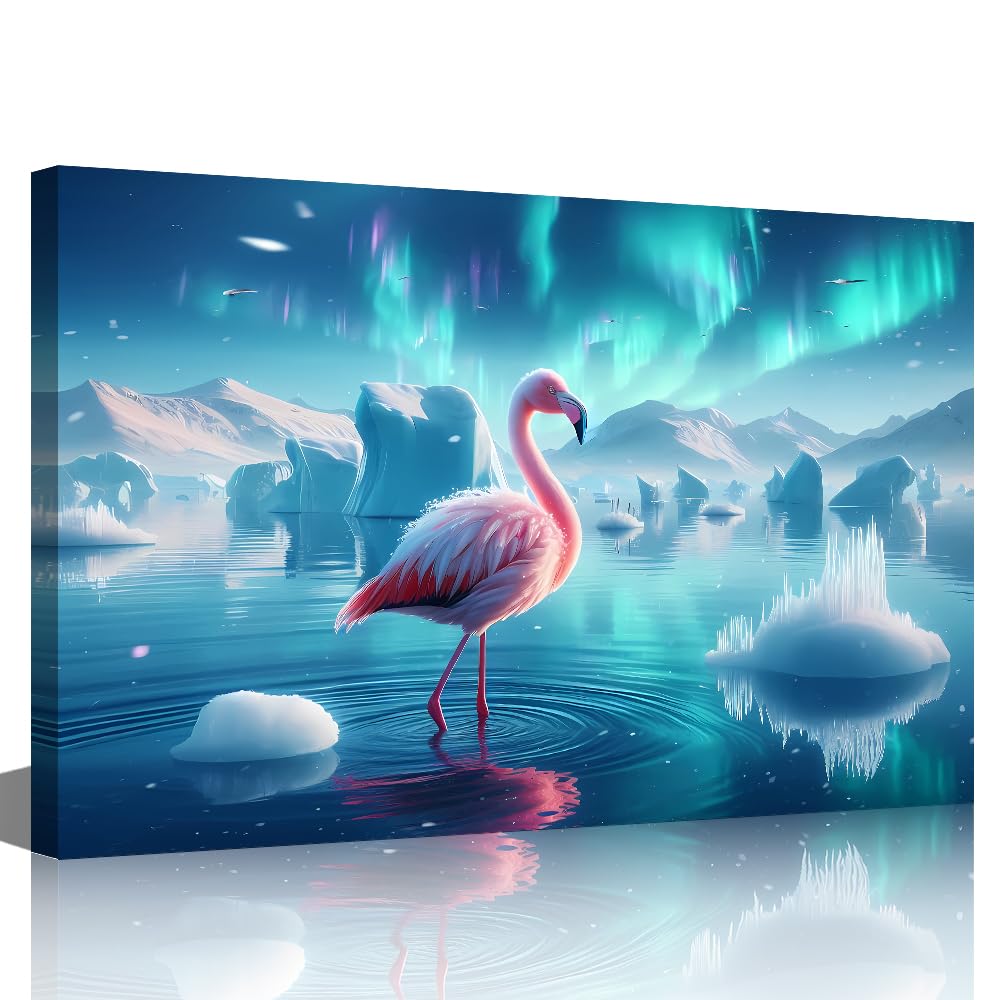 TISHIRON Wall Art Framed Canvas Paintings A Flamingo Standing in the Arctic Ocean Picture Prints Flamingo Artwork Ready to Hang for Home Decorations Office Wall Décor 18" Wx 12" H