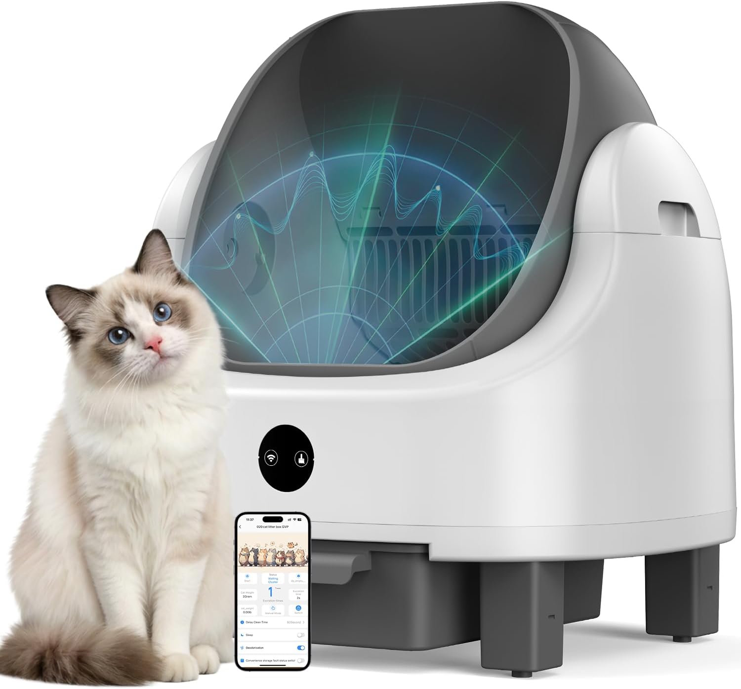 OROLEY Self Cleaning Litter Box, Automatic Litter Box,Odor Control Robot, Cat Ears Design, 96L APP Real-Time Monitor, Cat Litter-Boxs for Multiple Cats,Infrared Safety Sensor, with 1 Trash Bag (Gray)