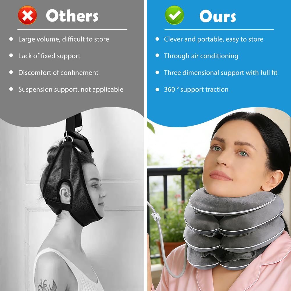 Collare gonfiabile, design di allungamento a 3 strati, supporto per il collo, collarino gonfiabile, per il collo, per il collo, per il collo, per la casa, per alleviare il dolore, grigio chiaro