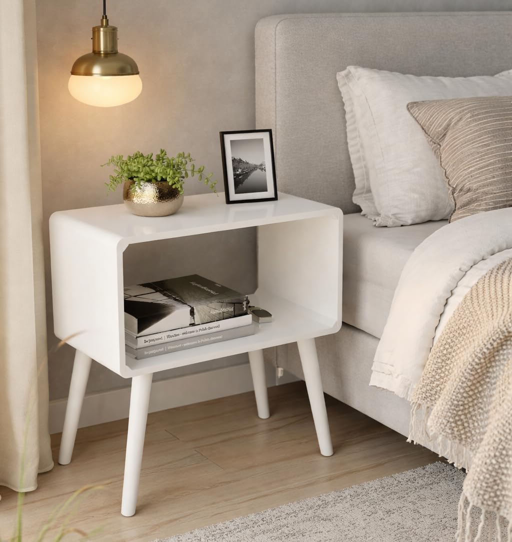 bedside table nightstand for bedroom, side end table for living room, coffee table with storage, magazine stand, small space furniture, modern engineered wood (full white)