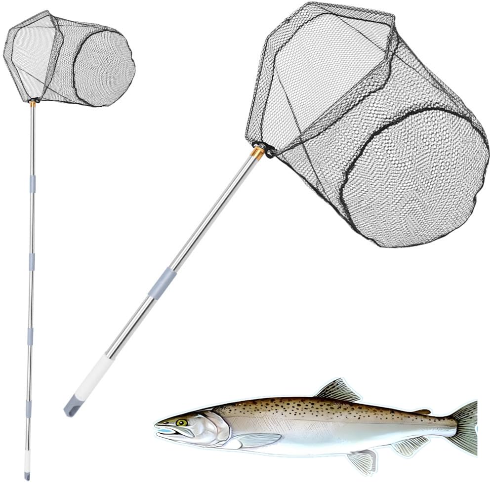 Retino da pesca con manico, asta di prolunga da 102-213 cm, manico regolabile in acciaio inox, guadino pieghevole per Steelhead, salmone, spigola e altro, ideale per kayak/pesca a mosca, attrezzatura