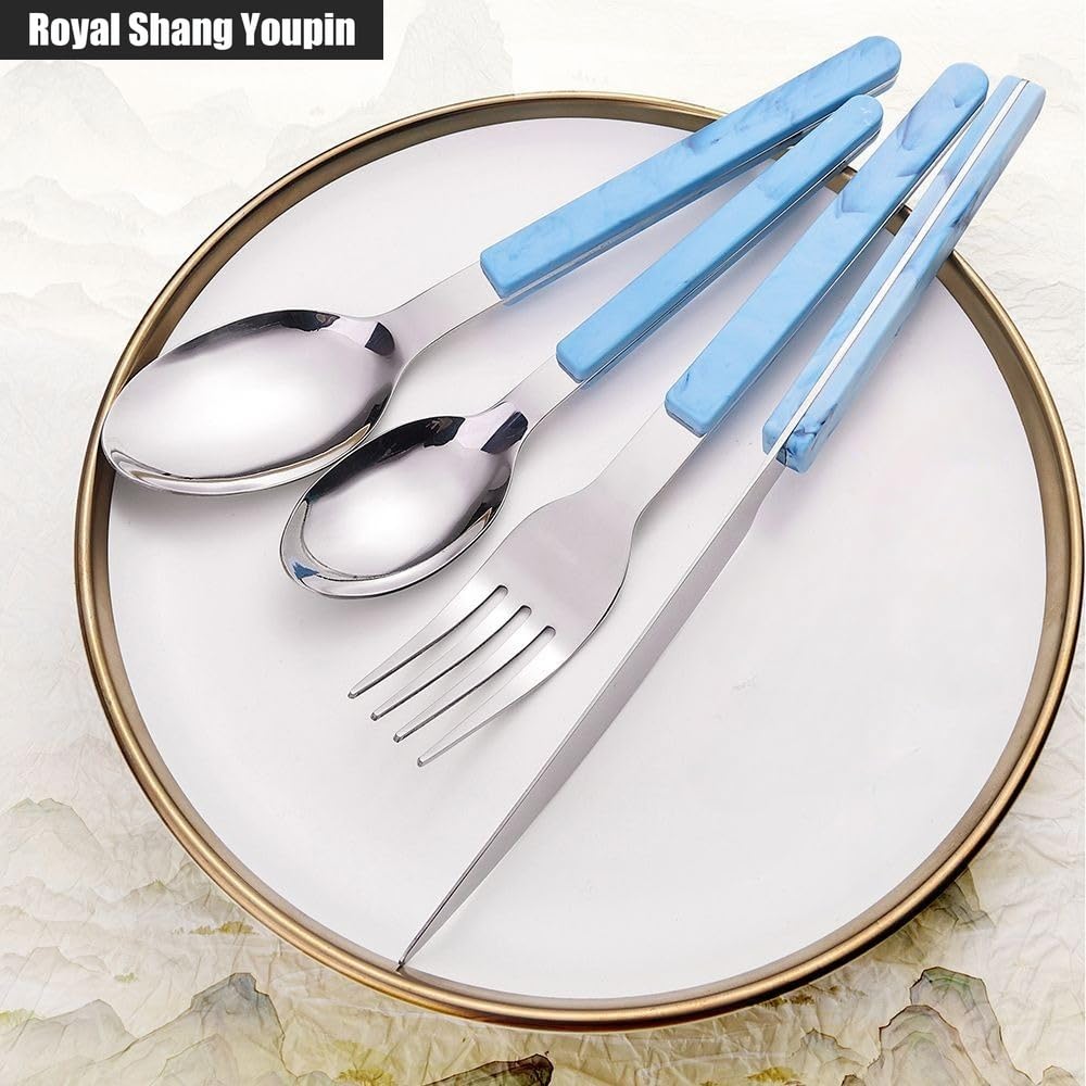 Retro Stile Cinese PP Maniglia Da Cucina in Acciaio Inox Argenteria Da Tavola Posate Set Di Posate Coltello Da Bistecca Forchetta Cucchiaio Cucchiaino (Blu,24 pezzi)
