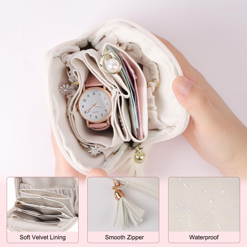 Pochette Bijoux Portable Multifonction Beige, Boîte à Bijoux de Voyage avec Franges