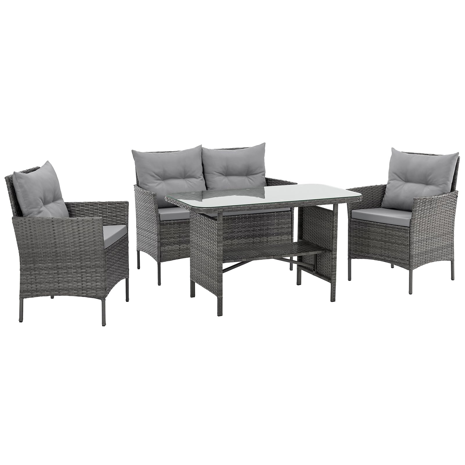 SVITA Dallas Gartensitzgruppe Polyrattan 4-teilig Outdoor Set mit 2 Sesseln 2er-Sofa & Esstisch Wetterfestes PE-Rattan Stahlrahmen & Sitzkissen Grau