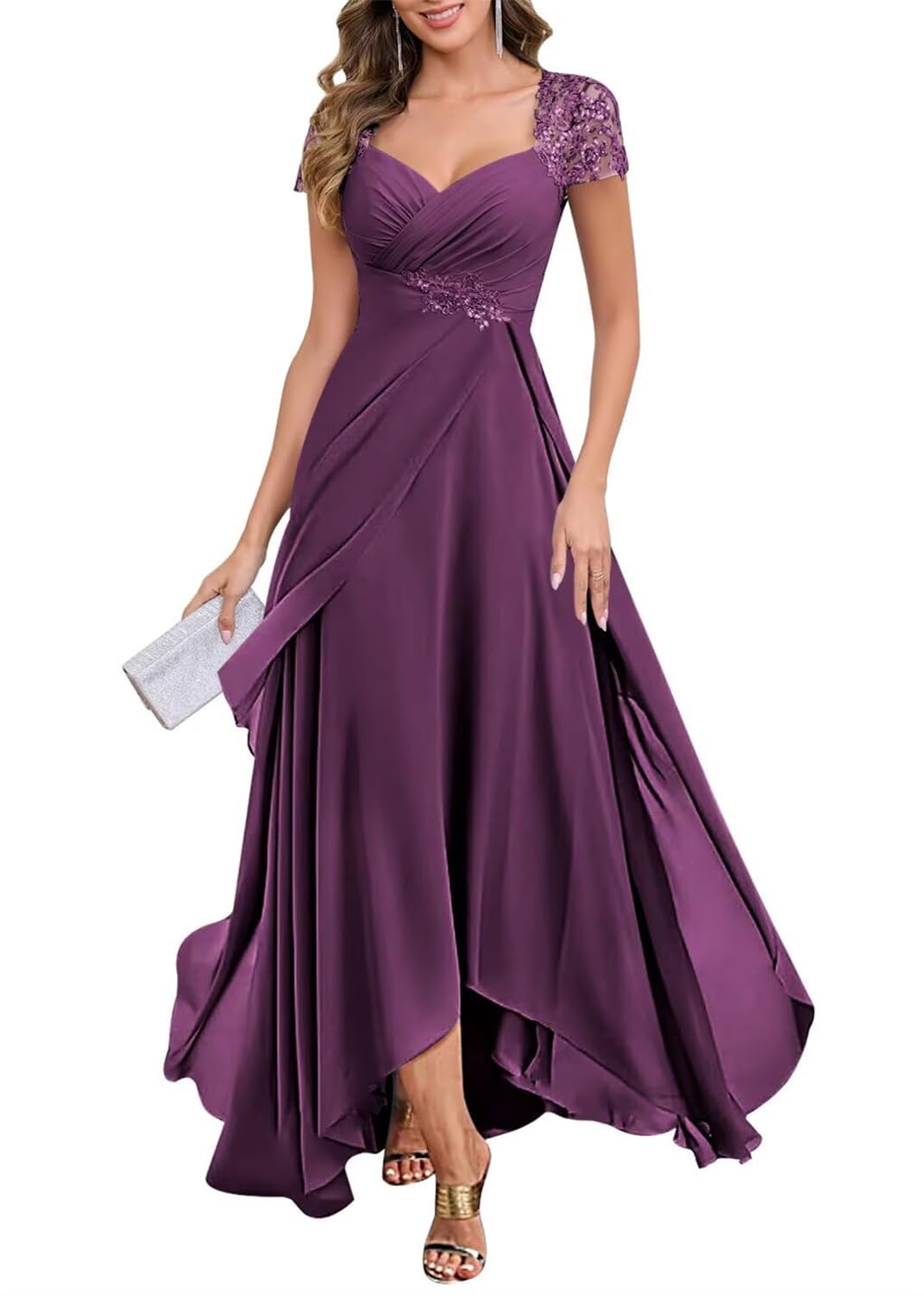 Kiyne Women's Plum Mother Of The Groom Dresses With Sleeves Lace Applique High Low Chiffon Mother Of Bride Dress Party Gown Uk12