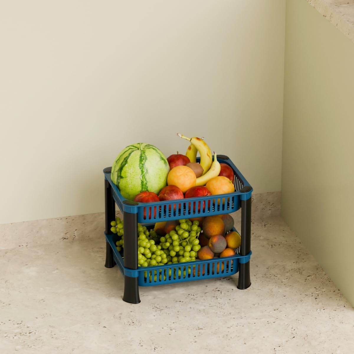 Multipurpose Plastic Storage Rack for Kitchen, Onion Potato Sabji, Fruit Corner Storage Stand Basket, Folding Rack, Countertop Kitchen Organizer Cart, Trolley Rack (2 Layer, Blue)