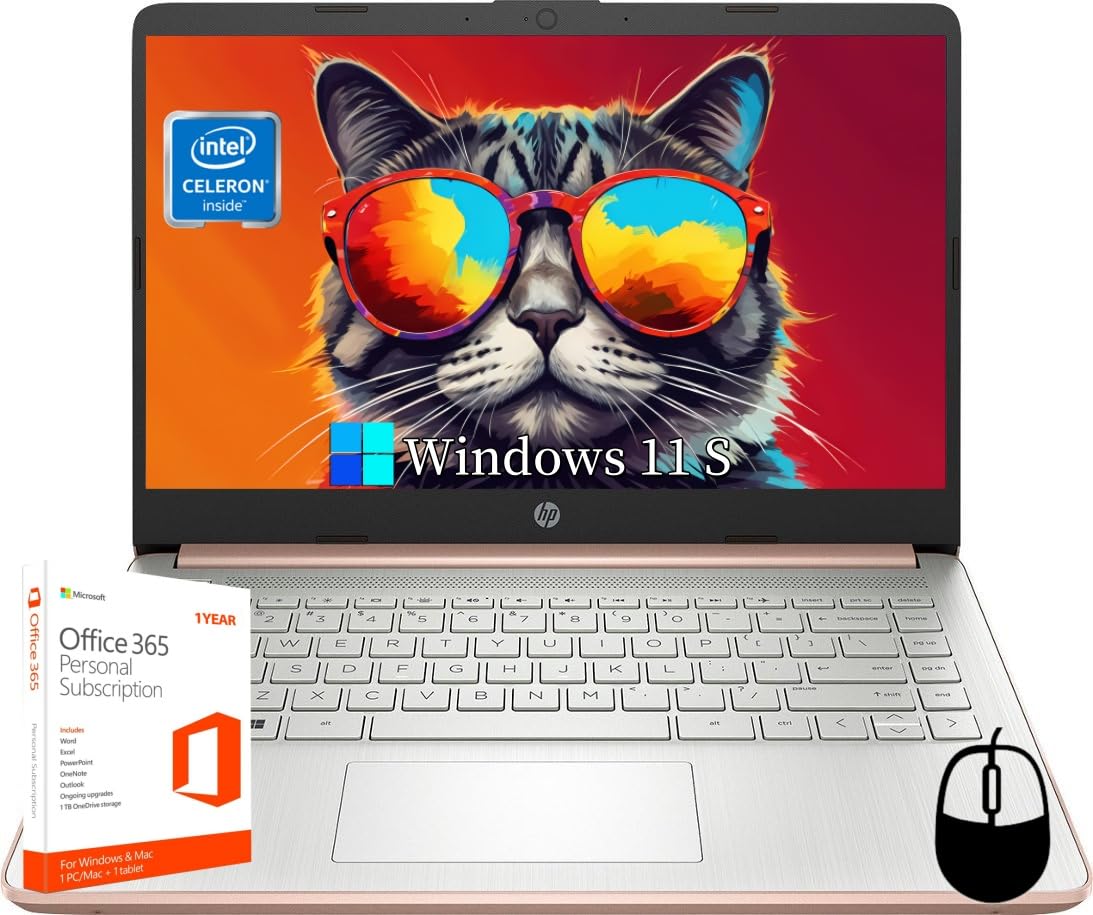 HP 14 inch Laptops, Intel Celeron N4120, 16GB RAM, 384GB Storage(128GB eMMC+256GB Micro SD), with 1-Year Office 365 & Windows 11 S, Long Battery Life,