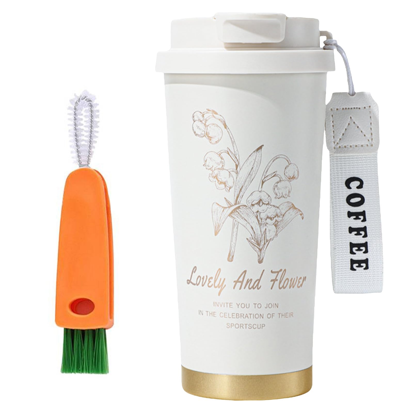 LUVDECO Termiczny kubek do kawy wielokrotnego użytku, 500 ml, izolowany, z szczelną pokrywką, kwiatowy kubek podróżny ze szczotką do czyszczenia marchwi, ze stali nierdzewnej 316, kubek termiczny do