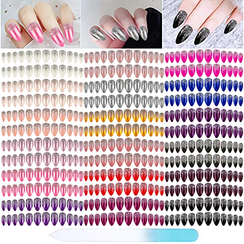 editTime Matte Glossy Glitter Powder Acrylic False Nails Full Cover Fake Natural Claw Stiletto Ballerina Nails Tips with a Crystal Nail Rubbing Strip (Half Glitter Powder)