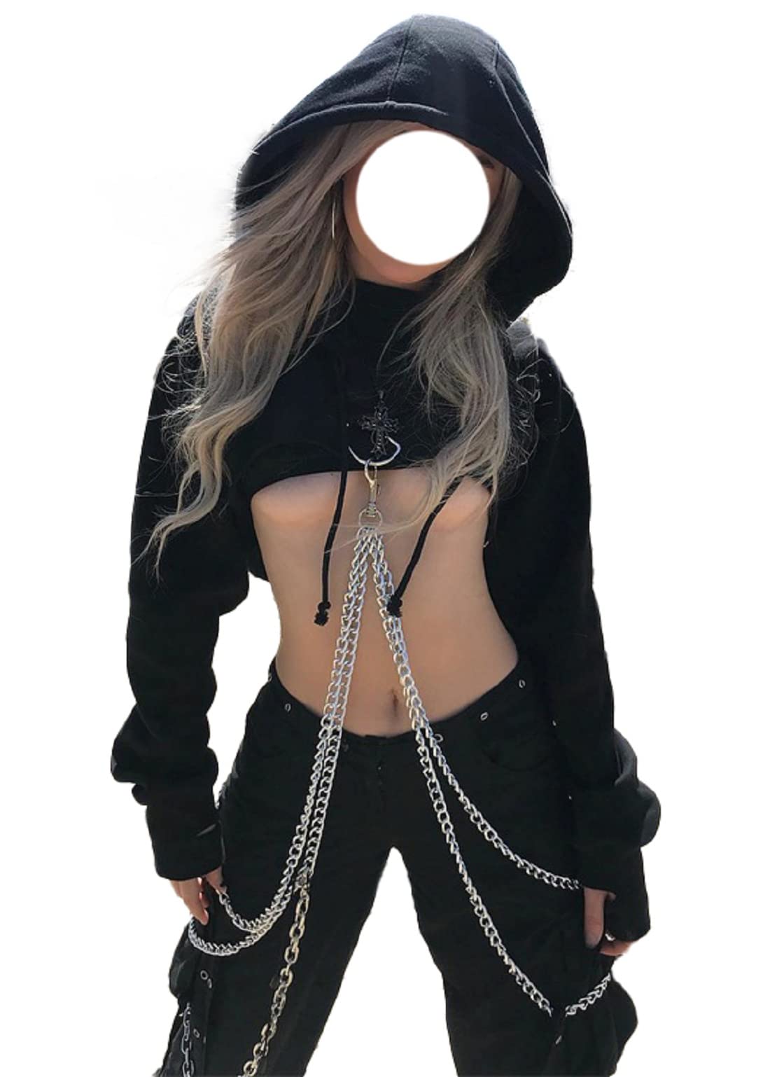 Gothic Punk Langarm Kapuze Crop Tops Halloween Rave Skelett Maske Hoodie Sweatshirt