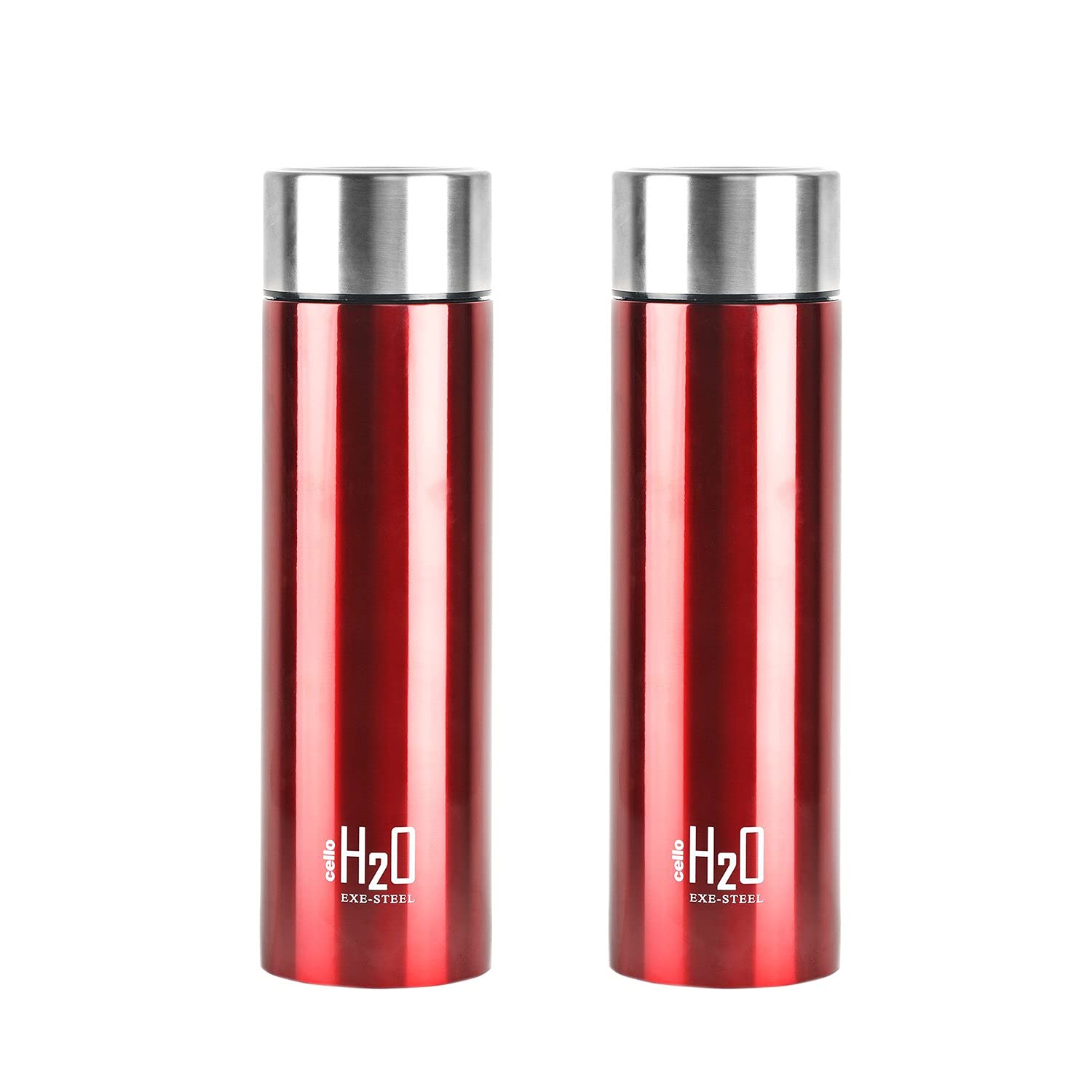 CELLO H2O Stainless Steel Water Bottle for Office & Daily Use Set of 2 Pcs, 1000 ml Red | Single Wall Freezer & Fridge Safe, Lightweight Leakproof Rustproof Steel Water Bottle for School Gym Travel