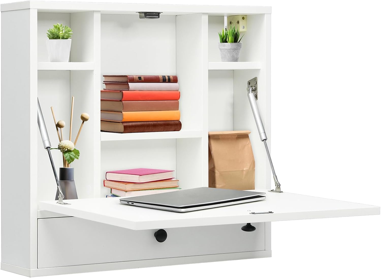 GYMAX Escritorio de Pared, Escritorio Flotante 2 en 1 con Estante Plegable, 6 Compartimentos de Almacenamiento y Cajón, Ahorro de Espacio para Casa, Oficina, Dormitorio (Blanco)