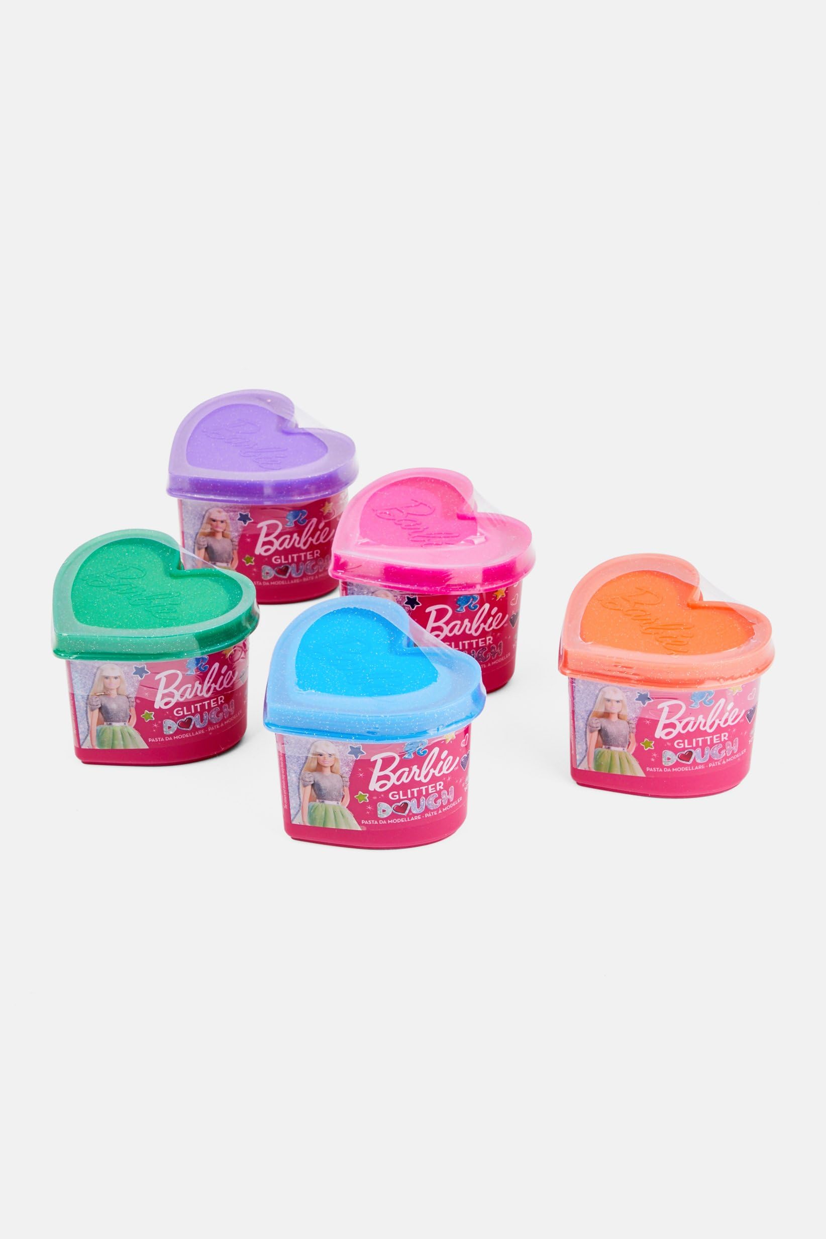 Liscianigiochi Barbie Glitter Dough Kit | 5 Tarros Corazón Con Purpurina, 500 G De Plastilina Para Modelar, Desde 3 Años