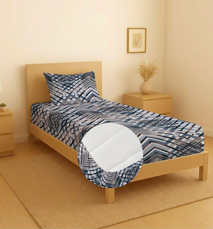 Image of Premium Cotton Elastic Fitted Bedsheets with 1 Pillow Covers |Floral Printed Single Bed Elastic 220 TC Supersoft Breathable & Wrinklefree | for 72x36+6 Inches, Midnight Blue