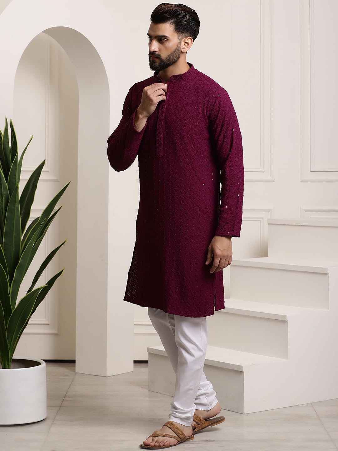 Sojanya (Since 1958 Men's Pure Cotton Purple Sequence Kurta & White Pyjama Set