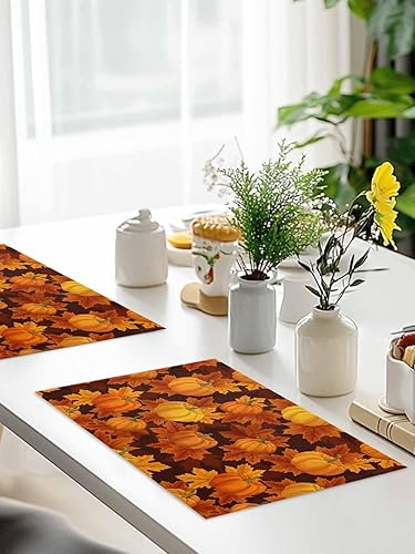 Miniatura 9 de Juego de 6 manteles individuales de Acción de Gracias, de lino y algodón, resistentes al calor, lavables, de granja, cosecha, calabaza, hojas de