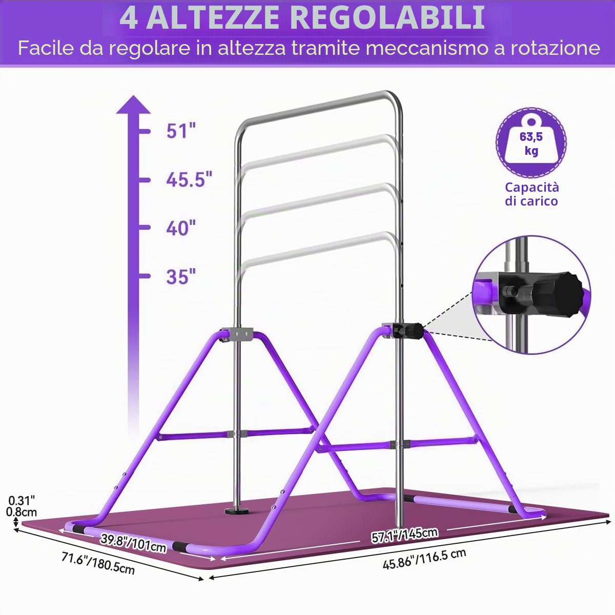 FBSPORT Barra da Ginnastica per Bambini con Altezza Regolabile Anelli Pieghevole Regolabile Espandibile Parallele Ginnastica Artistica, Ideale per Casa Junior