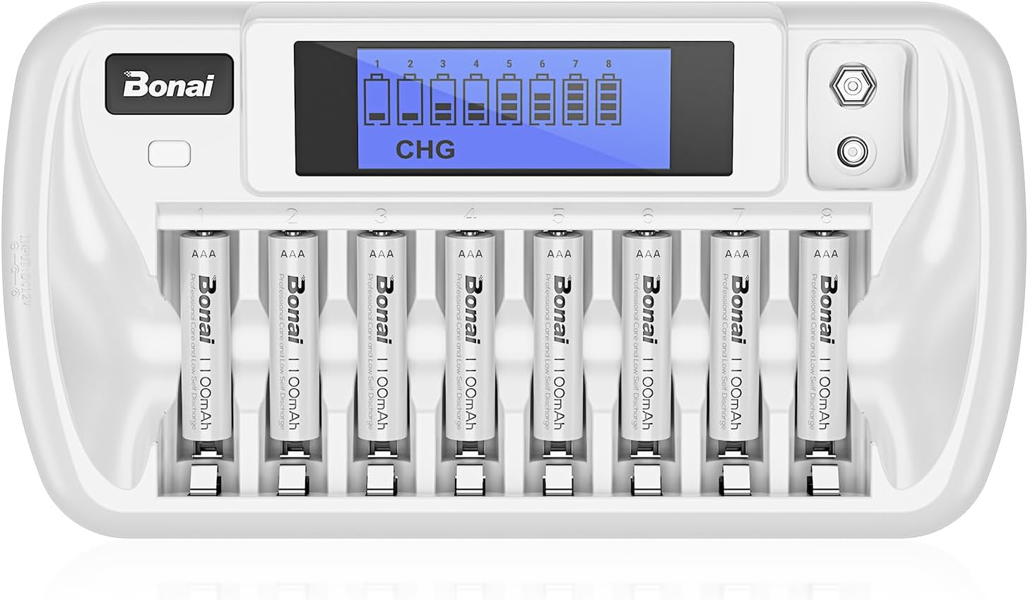 Top-down view of the BONAI 8+1 Bay Battery Charger with 8 AAA batteries inserted and the power cable connected.