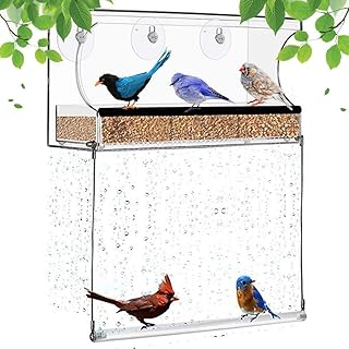 Window Bird Feeder, Extra Strong Suction Cups, Removable Seed Tray with Drainage Holes to Keep Seeds Dry, 3 Extra Suction Cups, Acrylic Clear Design to Enjoy Bird Watching in The Comfort of Your Home