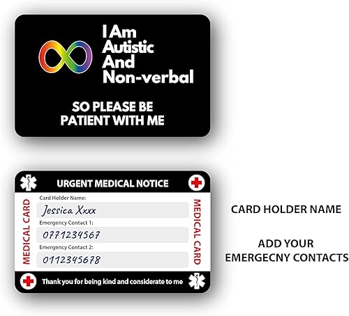 Miniatura 3 de Tarjeta médica de concientización no verbal para autismo, autista, con panel para escribir y cordón con patrón de autismo con tarjetero impermeable