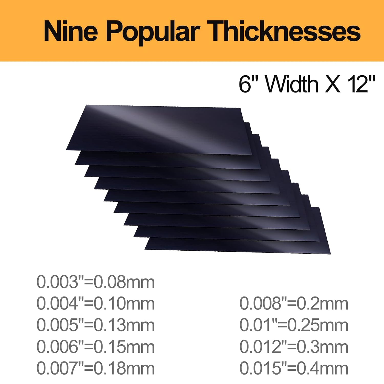Carbon Steel Shim Stock Assortment, 6" Width X 12" Length, 0.003", 0.004", 0.005", 0.006", 0.007", 0.008", 0.010", 0.012", 0.015" Thick, Low Carbon 1008-1010 Steel, 9 Pieces