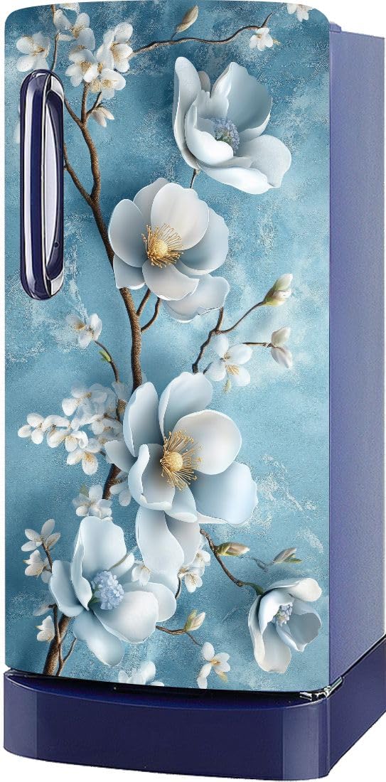 3D Floral Single Door Fridge Sticker | Waterproof Self-Adhesive Vinyl Refrigerator | Door Wrap for Kitchen Decor | Peel & Stick Fridge Sticker (24X48 Inch) (Blue Blossom)-image-39