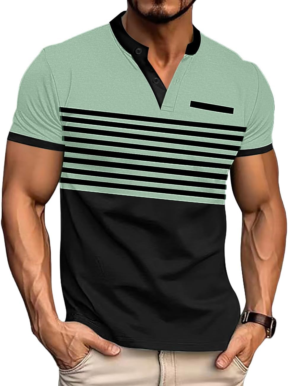 Mens T-Shirts Short Sleeve Button Casual Stylish Basic Tees Work Striped Shirts Henley Summer Lightweight Stretch Top