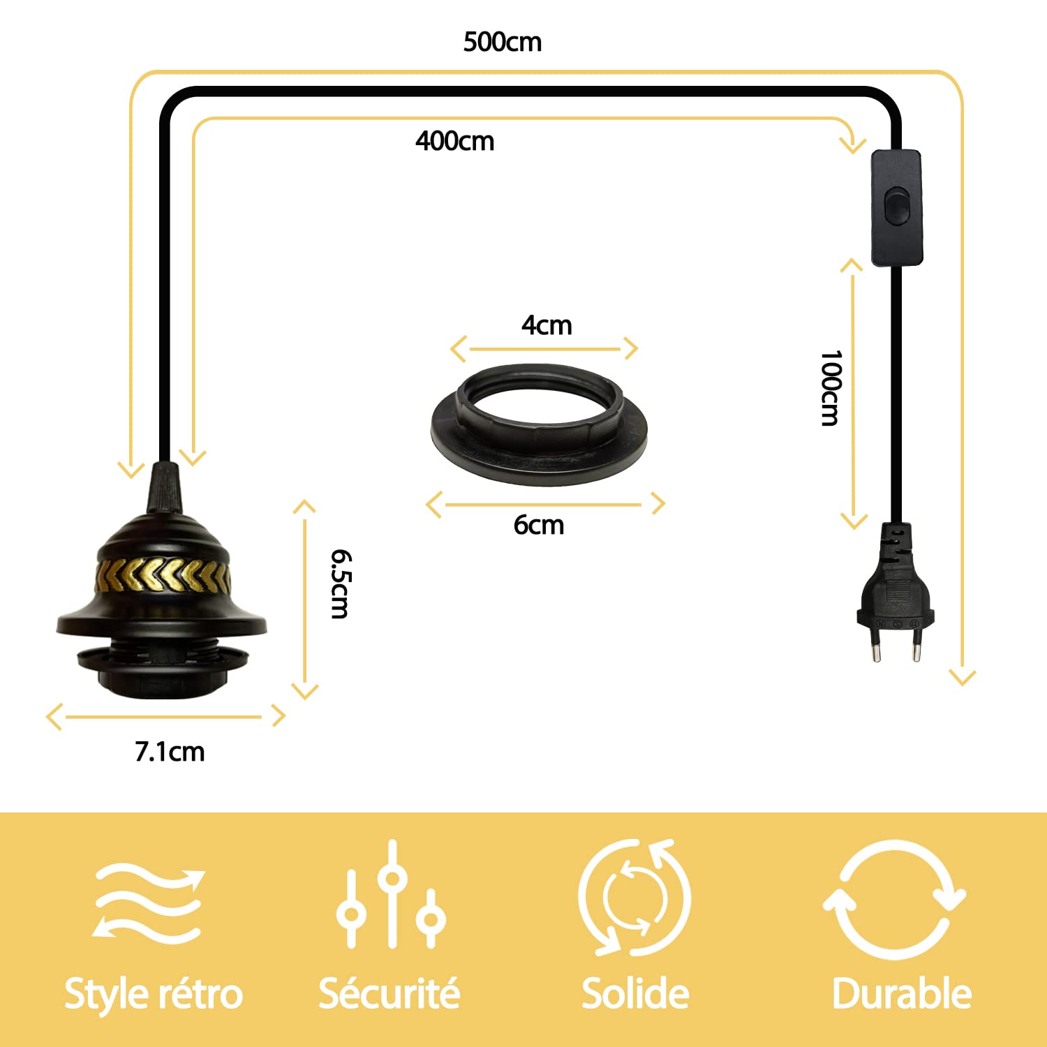 2 Câbles Suspension Luminaire E27 - Longueur Réglable 6m Avec Interrupteur - Pour Ampoules Suspendues Intérieur - Noir