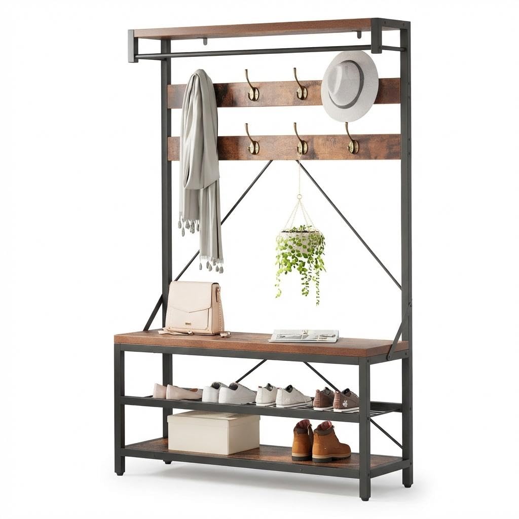 Scaffale Ingresso Con Gancio E Panchina, Mobile Contenitore Moderno In Legno Con 5 Ripiani Per Soggiorno Camera Da Letto, 183 cm H x 101.6 cm L