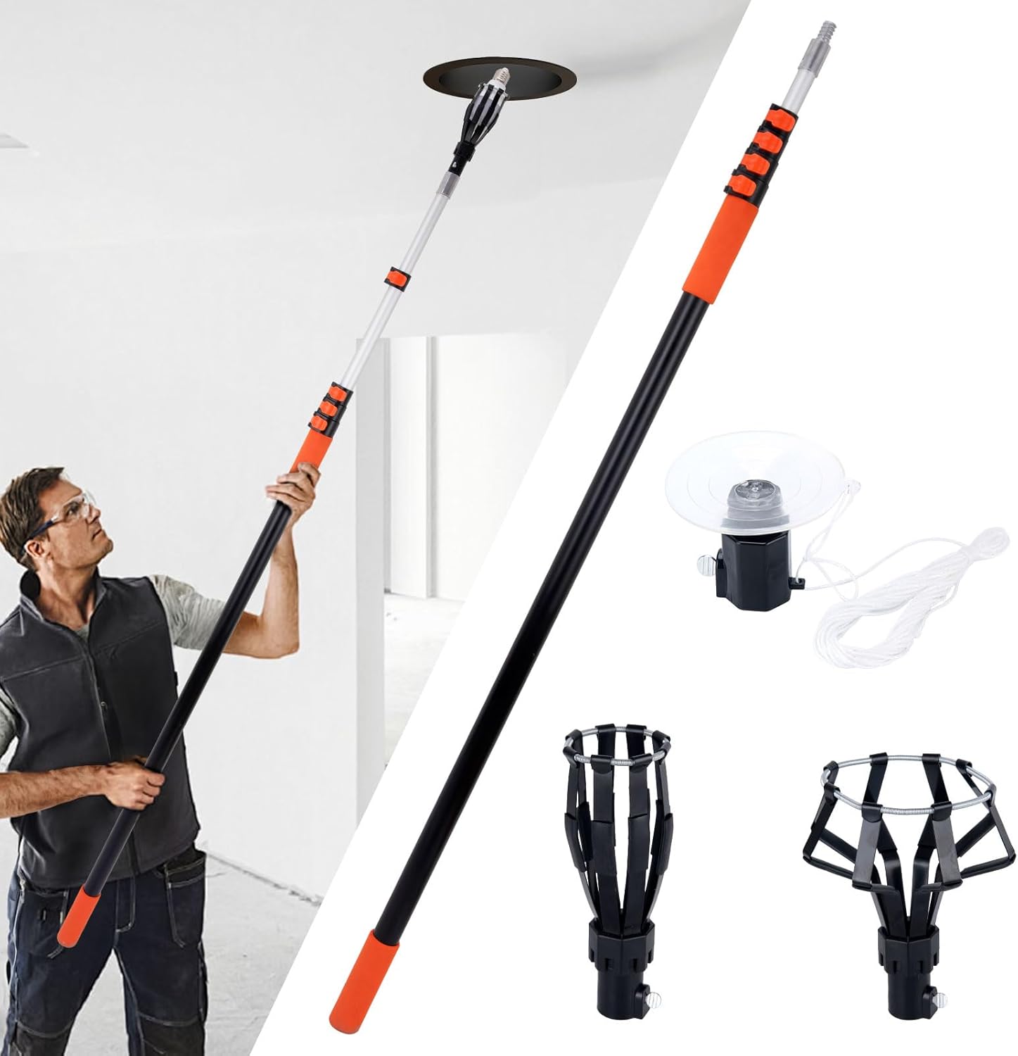 26FT Reach Light Bulb Changer for High Ceilings,Lightbulb Changer 5-20FT with Basket & Suction Cup for Recessed Lights High Ceiling,Light Bulb Remover Tool with Telescopic Extension Pole