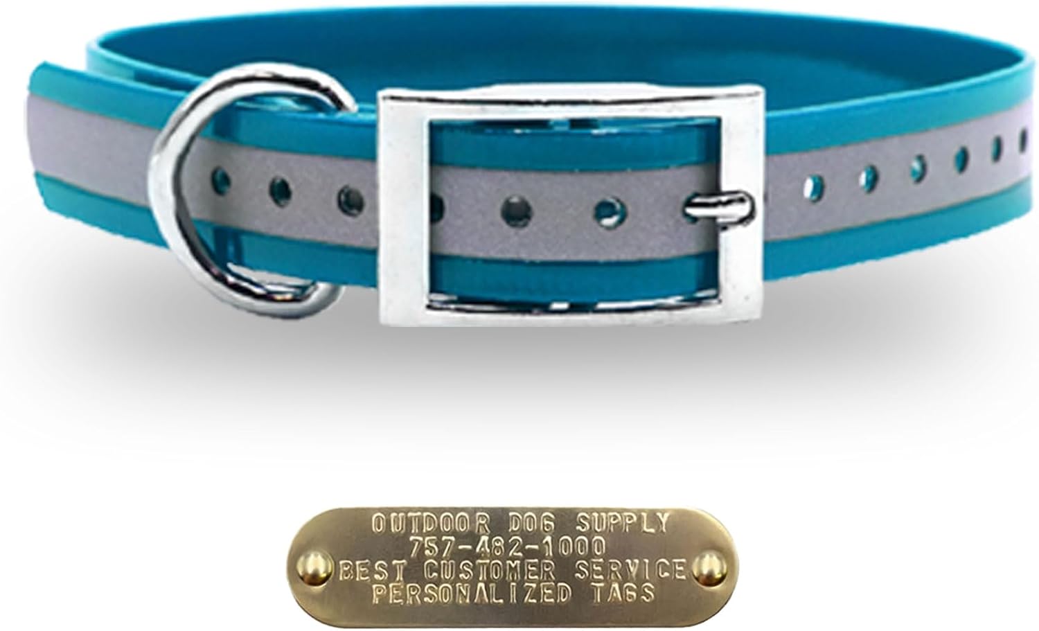 Personalized 1" Reflective Teal Extra Long D-Ring Dog Collar with Custom 3/4" Brass Nameplate | Waterproof, Odor-Resistant, Adjustable for Large and Giant Breed Dogs