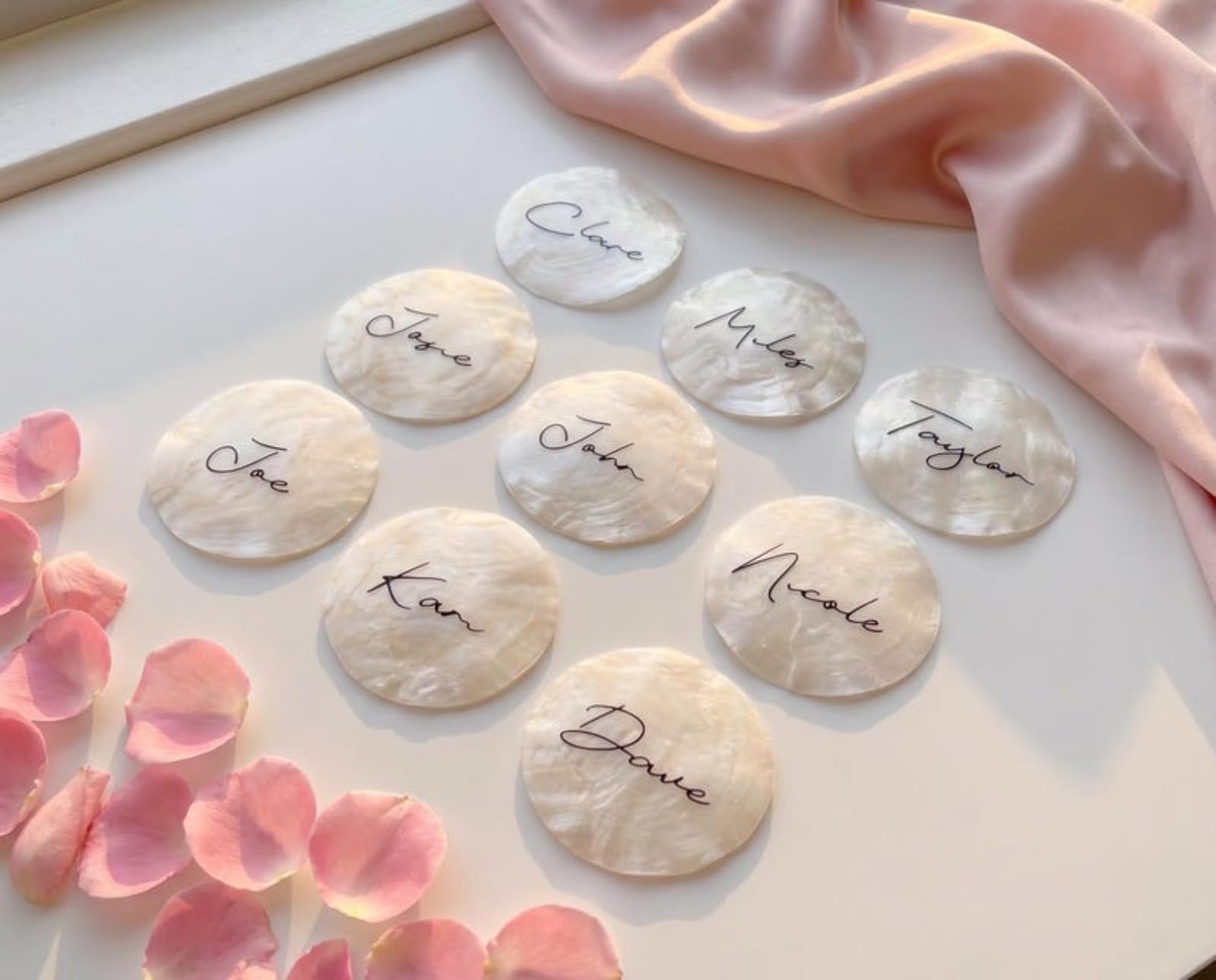 Personalisierte Tischkarten mit Namen, Muschel-Hochzeitsnamen, Tischkarten für den Tisch, Hochzeit, Junggesellinnenabschied, letzter Toast an der Küste, Dekoration (100 Stück)