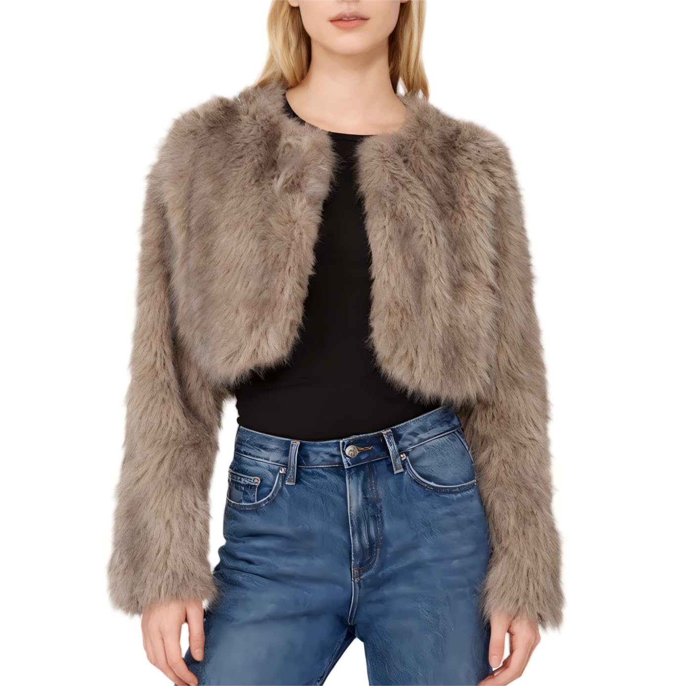 Amazhiyu Cappotto da donna in finta pelliccia, aperto sul davanti, invernale, a maniche lunghe, girocollo, caldo cardigan