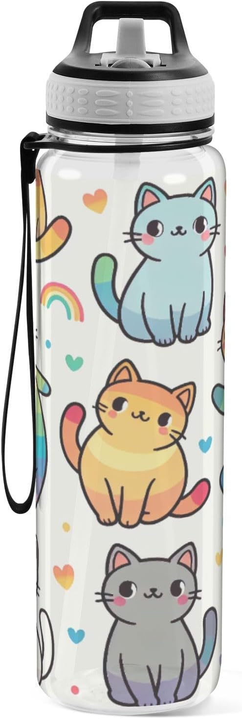 Rainbow Cute Cat 32 oz Water Bottle - Clear Tritan, BPA-Free, LeakProof with Carry Strap for Sports, Gym & Outdoor Activities