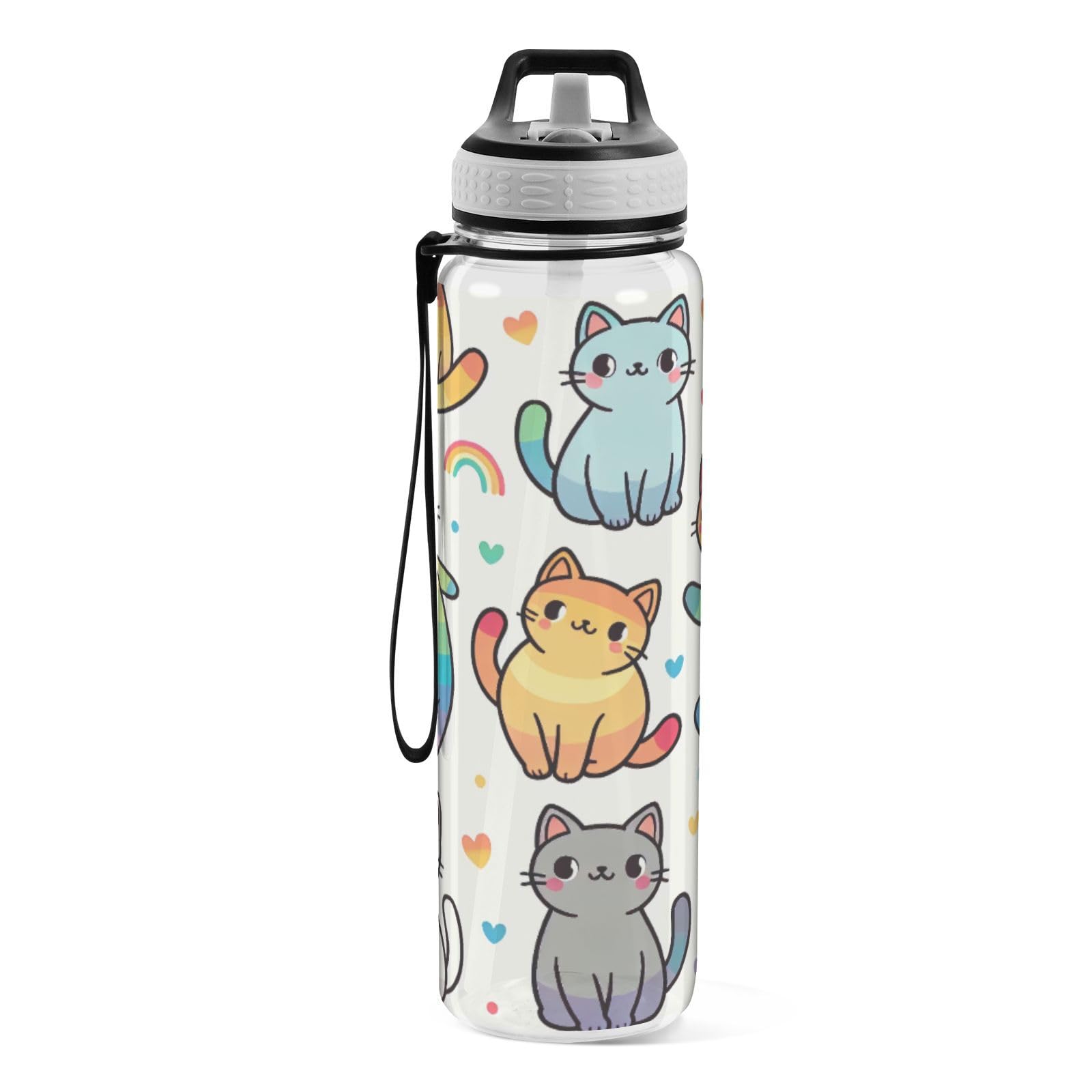 Rainbow Cute Cat Wasserflasche, 900 ml, transparentes Tritan, BPA-frei, auslaufsicher, mit Tragegurt, für Sport, Fitnessstudio und Outdoor-Aktivitäten