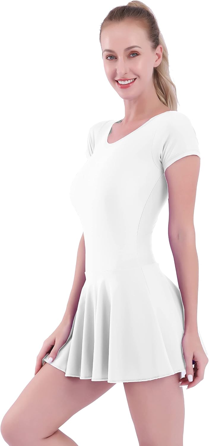 Women's Short Sleeve Ballet Dance Skirted Leotard Gymnastics Bodysuits Ballerina Outfit