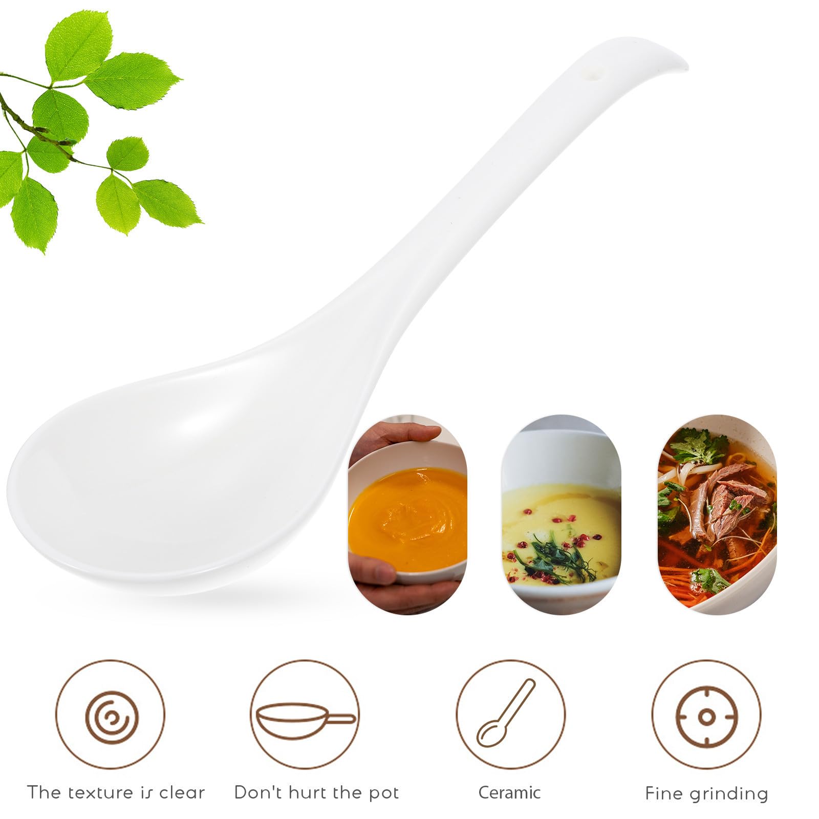 Lot de 6 Cuillères de Service en Céramique Blanches, Résistantes aux Rayures et Éclats, Soupe Riz Cuisine Maison