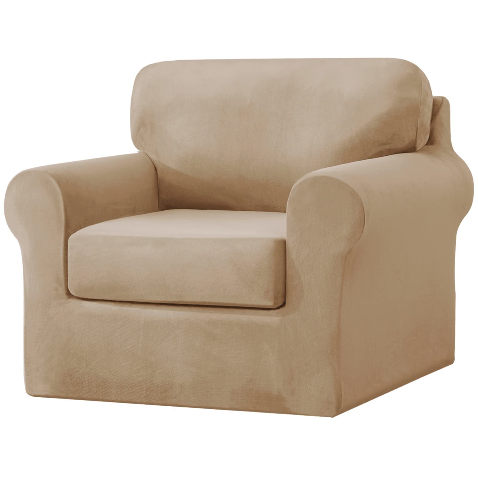 Topchances Armchair Covers 1 Seater 3 Pieces Set - Super Soft Stretch Velvet Armchair Sofa Slipcovers Chairs Cover with Separate 1 Backrest Cover and 1 Seat Cushion Cover for Living Room (Sand Color)