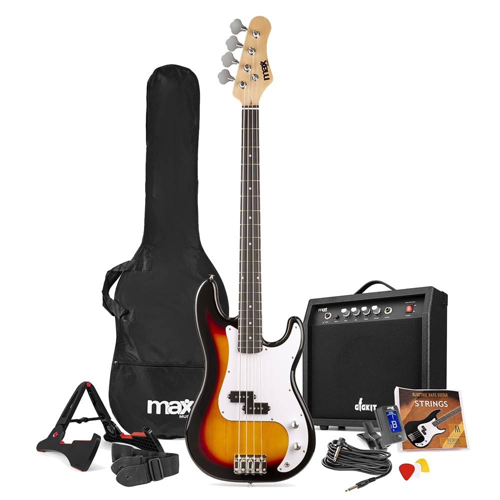 Gigkit Electric Beginner Bass Guitar Pack in Sunburst Finish – Ideal Learner Bass Guitar Starter Pack with 15W Amplifier, Accessories, & 6 Months Lessons – Perfect for Beginners